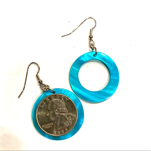 Turquoise Hoop Painted Shell Earrings - Picture 2 of 7